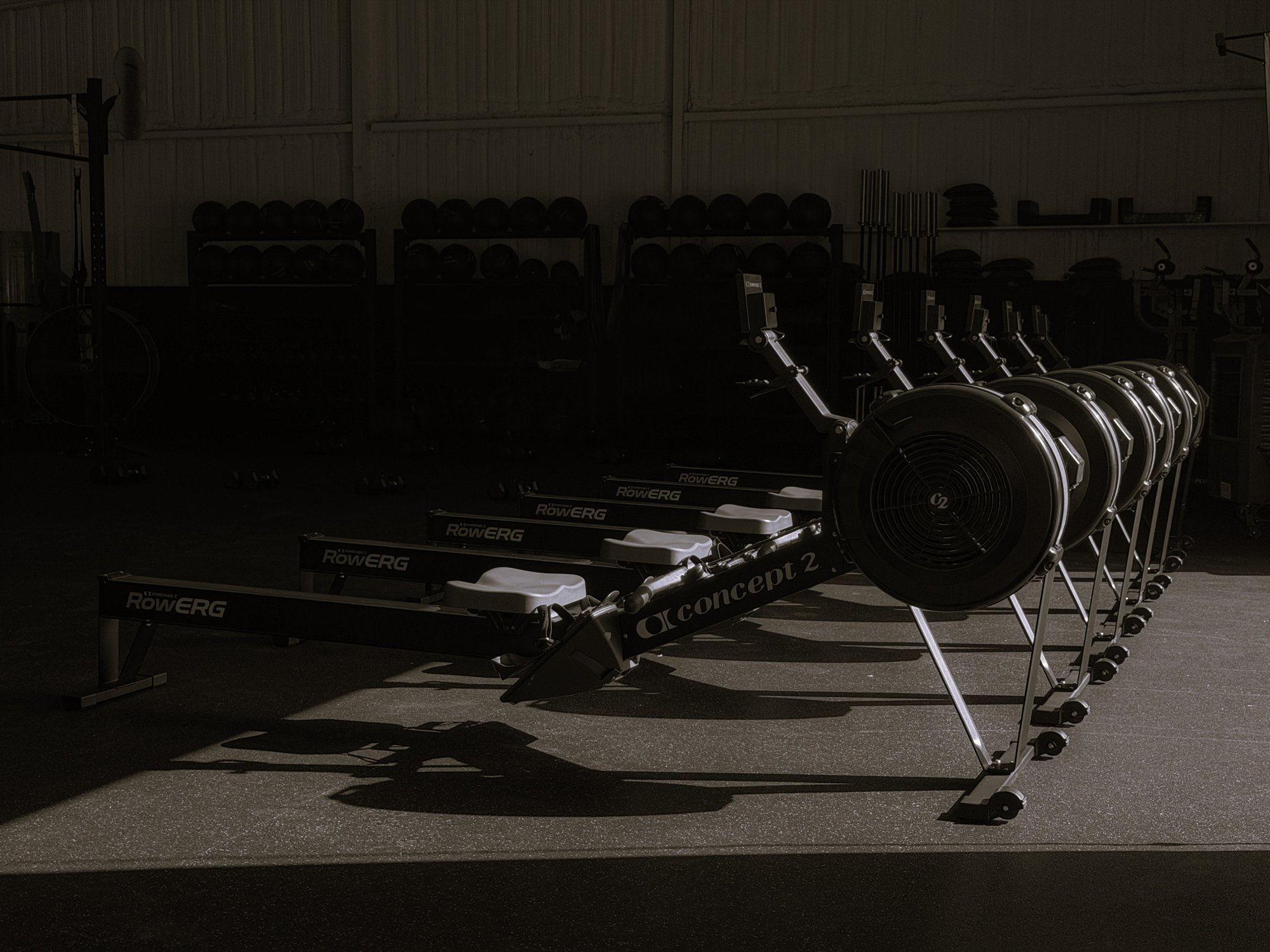 A row of Concept2 rowing machines in late-afternoon light at M6 Fit
